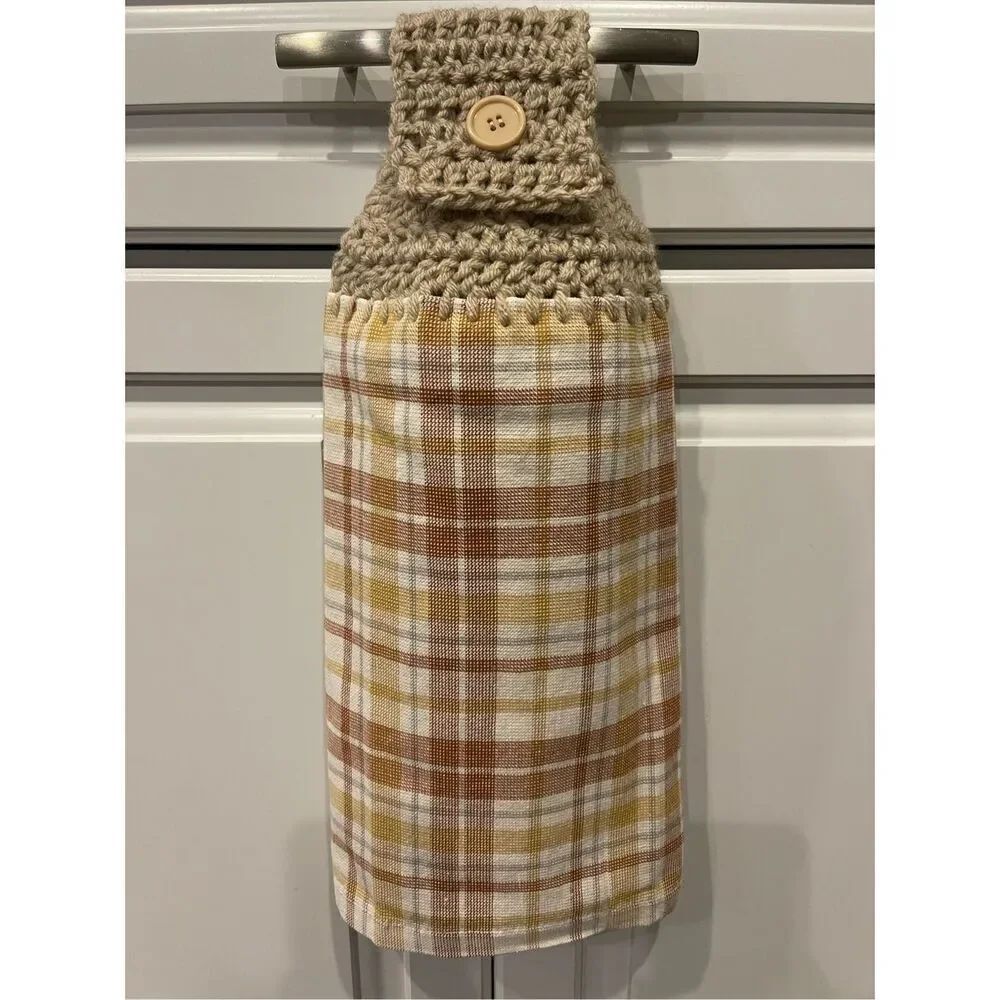 Crochet Top Kitchen Towel- Brown Plaid Neutrals